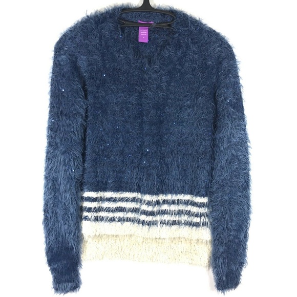 olivia m. Faux Fur Sequined Hi Low Sweater Stripe - Picture 1 of 8
